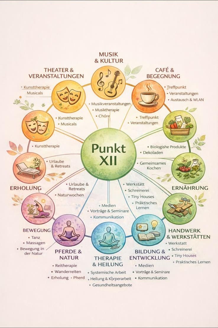 Das Rad von Punkt XII: Punkt XII in der Mitte, darum die Bereiche Musik & Kultur, Café & Begegnung, Ernährung, Handwerk & Werkstätten, Bildung & Entwicklung, Therapie & Heilung, Pferde & Natur, Bewegung, Erholung, Theater & Veranstaltungen